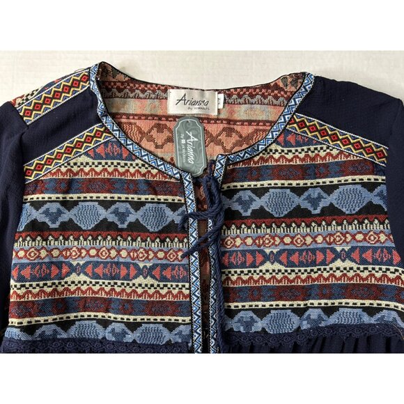 Arianna By Howards Womens Smock Top Tribal Print Navy Open Front Small Medium - Picture 5 of 8